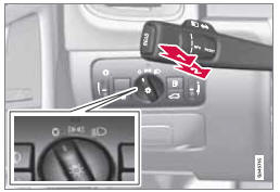 Commutateur d'éclairage et levier au volant.